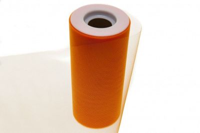 Фатин в шпульках 16-127, 10 гр/м2, шир. 15 см (в нам. 25+/-1 м), цвет оранжевый - купить в Шахтах. Цена: 100.69 руб.